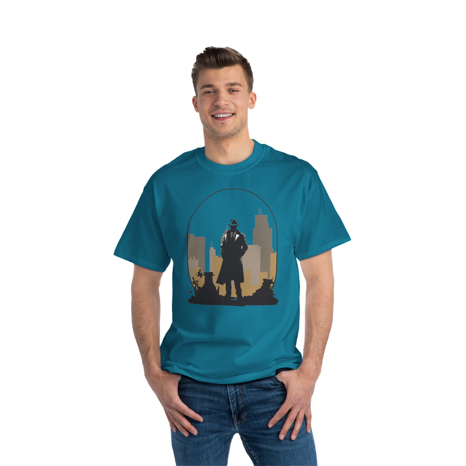 Beefy-T® T-Shirt blue color, front view, cotton, unisex