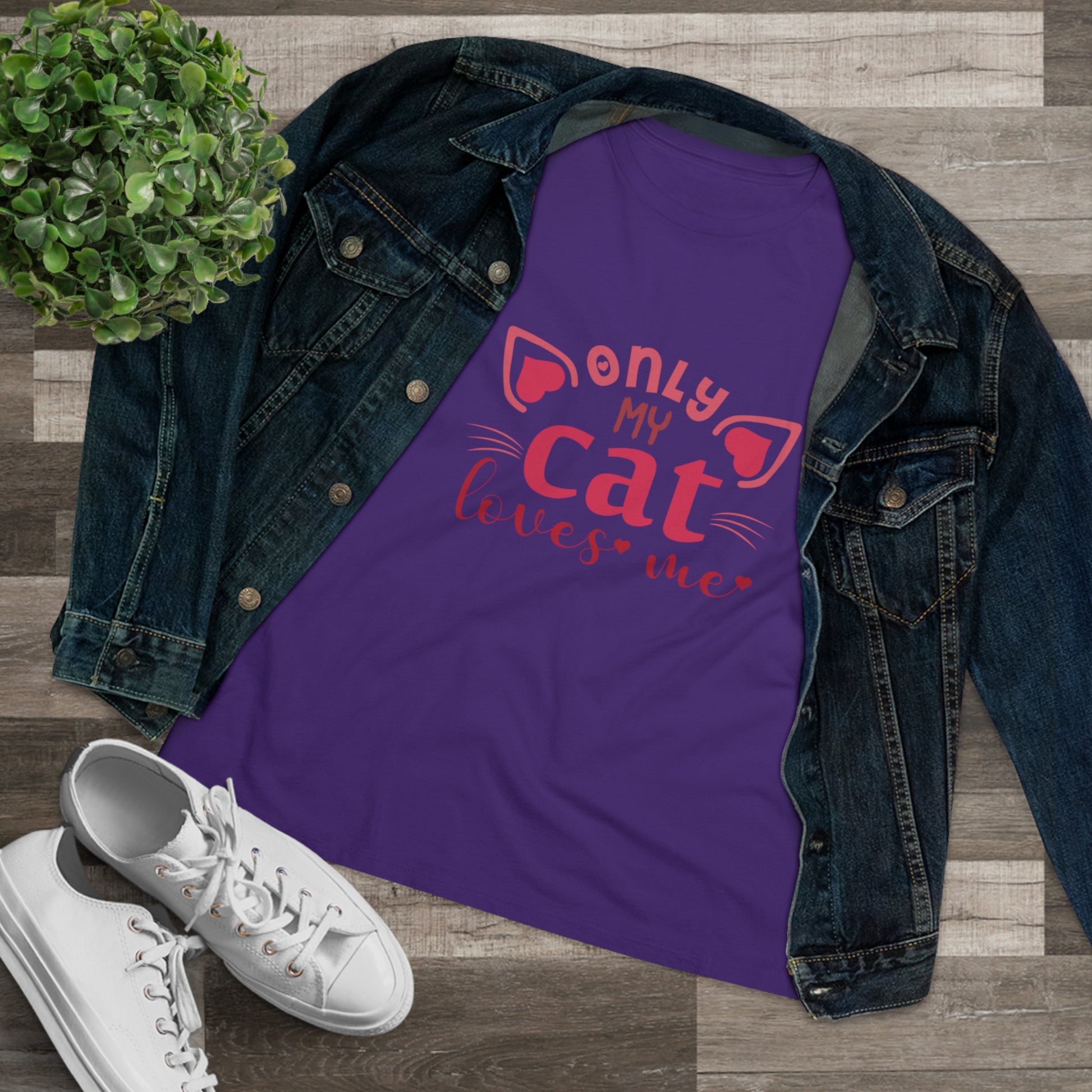 "Only My Cat Loves Me" purple t-Shirt design for Women front