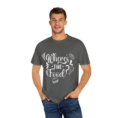 Food Lover's T-Shirt: "Where's the Food?" grey front view