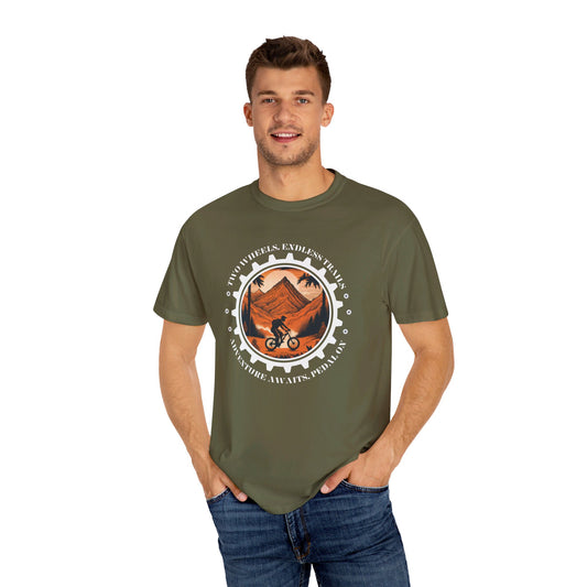 Two Wheels, Endless Trails Unisex Garment-Dyed T-shirt